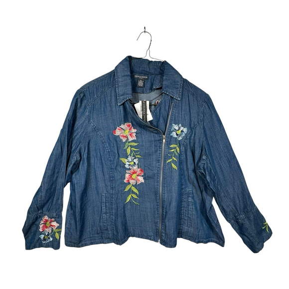 Chelsea & Theodore Jackets & Blazers - Chelsea & Theodore Denim Zip up Floral Embroided Jacket Size 2XL